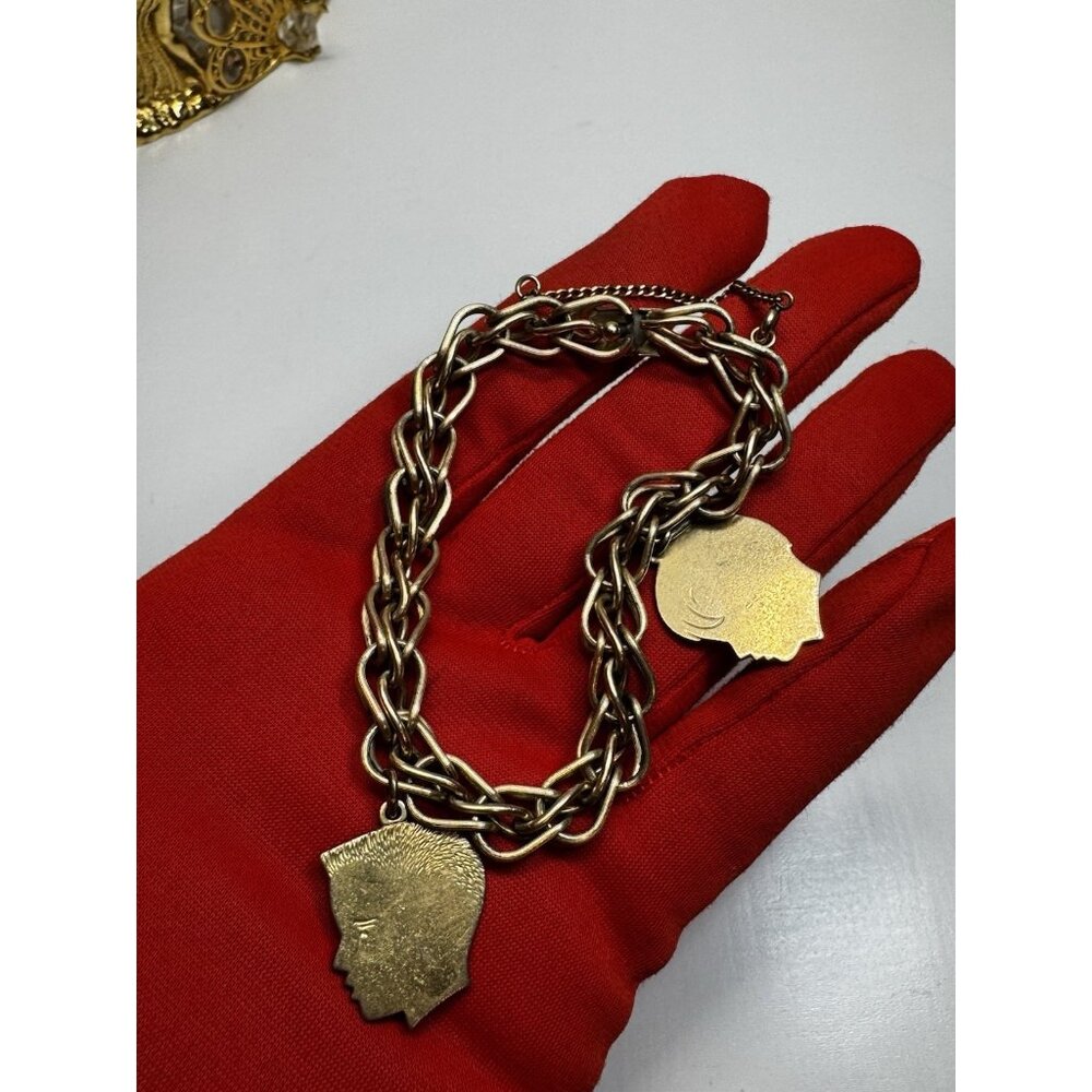Vintage 12K Gold Filled Chain Bracelet Male Profile Charms Unmarked Retro 7” 50s